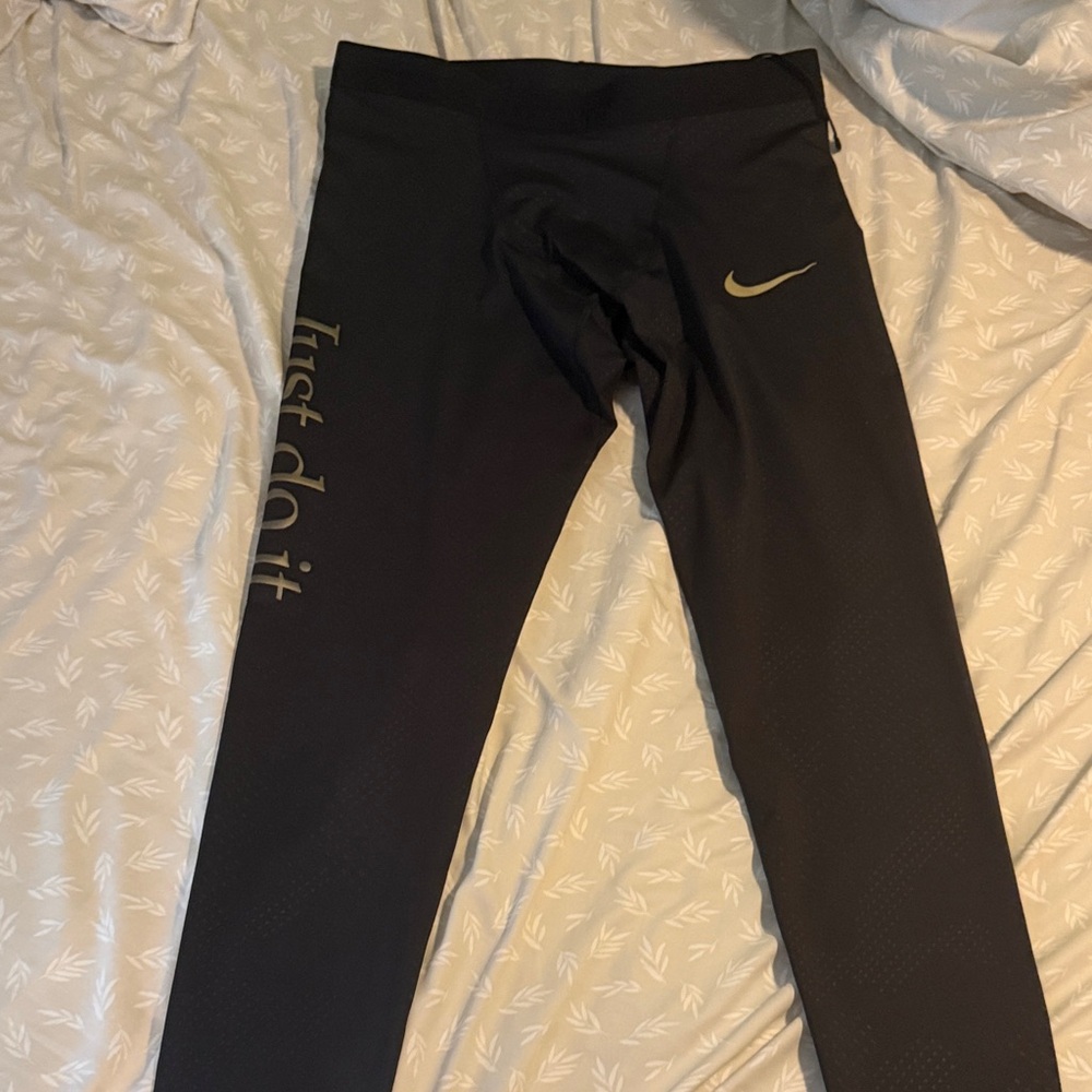Men’s Nike Black Running Tights with Gold Swoosh and 'Just Do It' Print - Large
